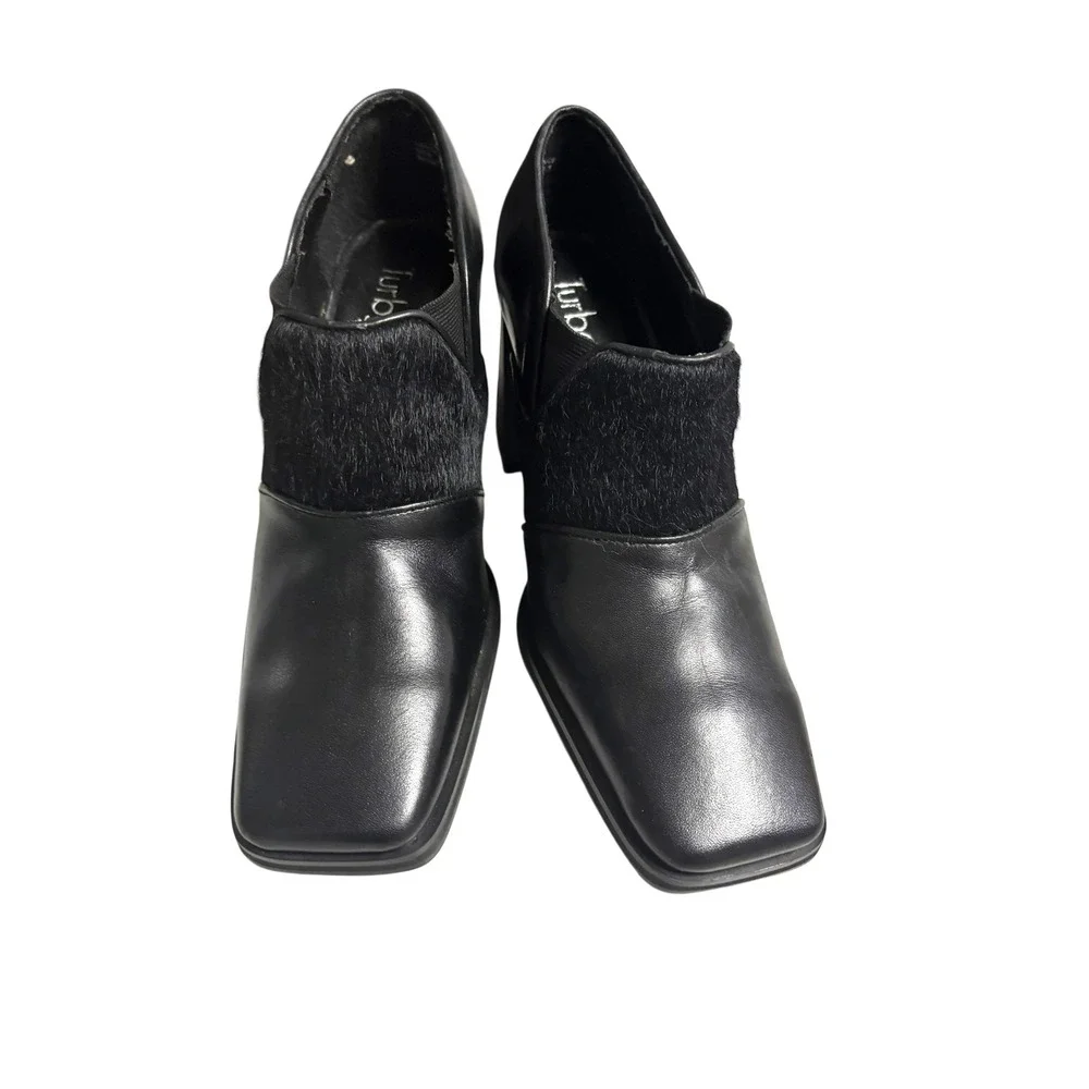 Turbo Cat Black Leather‎ Fur Accent Block Heel Square Toe Booties Women's 5.5M